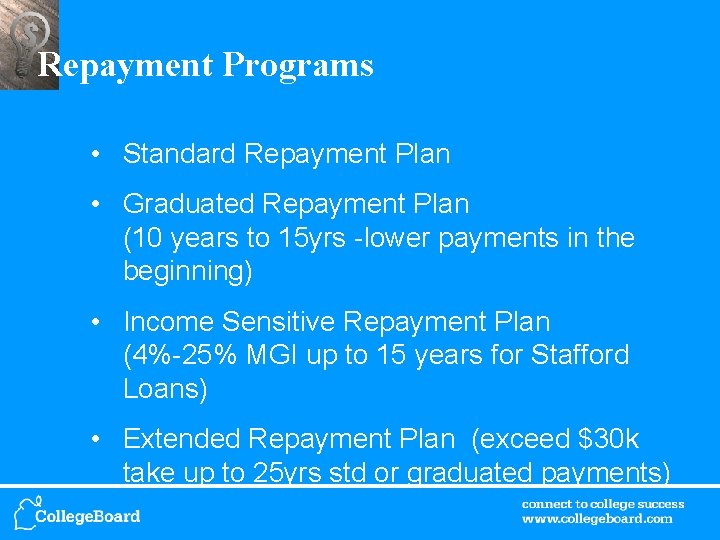 Repayment Programs • Standard Repayment Plan • Graduated Repayment Plan (10 years to 15