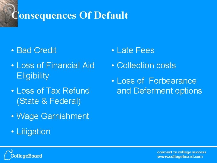 Consequences Of Default • Bad Credit • Late Fees • Loss of Financial Aid