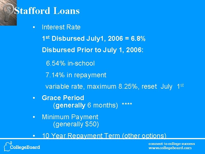 Stafford Loans • Interest Rate 1 st Disbursed July 1, 2006 = 6. 8%