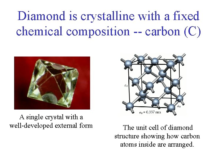 Diamond is crystalline with a fixed chemical composition -- carbon (C) A single crystal