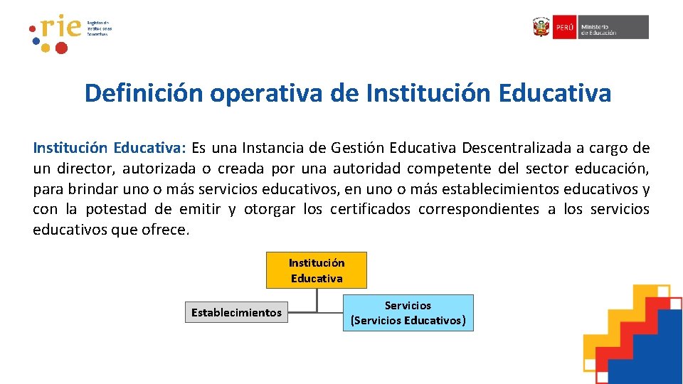 Definición operativa de Institución Educativa: Es una Instancia de Gestión Educativa Descentralizada a cargo