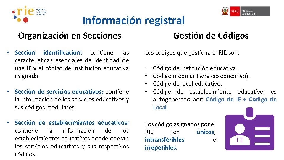 Información registral Organización en Secciones • Sección identificación: contiene las características esenciales de identidad