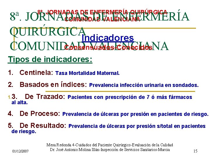 8ª. JORNADAS DE ENFERMERÍA QUIRÚRGICA COMUNIDAD VALENCIANA 8ª. JORNADAS DE ENFERMERÍA QUIRÚRGICAIndicadores Consensuados-Conocidos COMUNIDAD