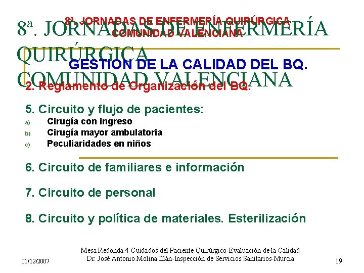 8ª. JORNADAS DE ENFERMERÍA QUIRÚRGICA COMUNIDAD VALENCIANA 8ª. JORNADAS DE ENFERMERÍA QUIRÚRGICA GESTION DE