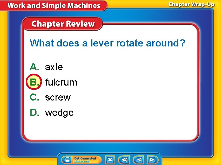 What does a lever rotate around? A. axle B. fulcrum C. screw D. wedge