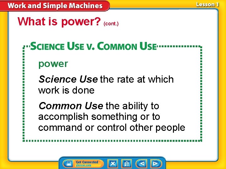 What is power? (cont. ) power Science Use the rate at which work is