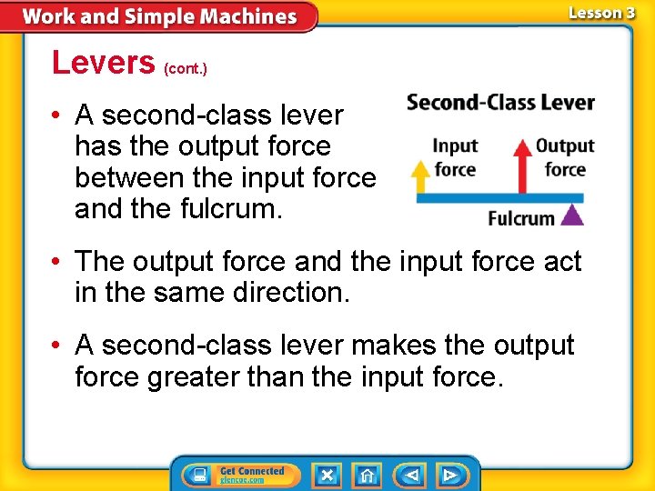 Levers (cont. ) • A second-class lever has the output force between the input