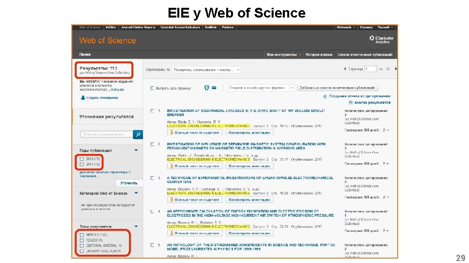 ЕІЕ у Web of Science 29 