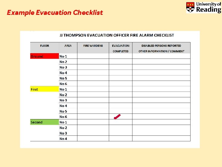 Example Evacuation Checklist Example Evacuation Checklist