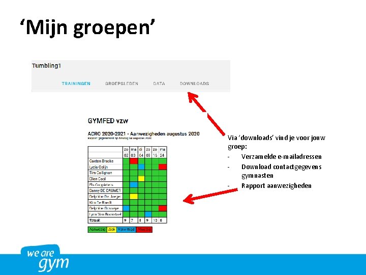 ‘Mijn groepen’ Via ‘downloads’ vind je voor jouw groep: Verzamelde e-mailadressen Download contactgegevens gymnasten