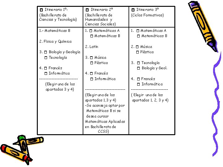  Itinerario 1º: (Bachillerato de Ciencias y Tecnología) Itinerario 2º (Bachillerato de Humanidades y