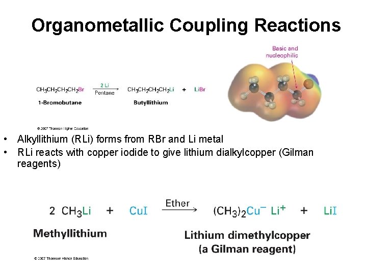 Organometallic Coupling Reactions • Alkyllithium (RLi) forms from RBr and Li metal • RLi