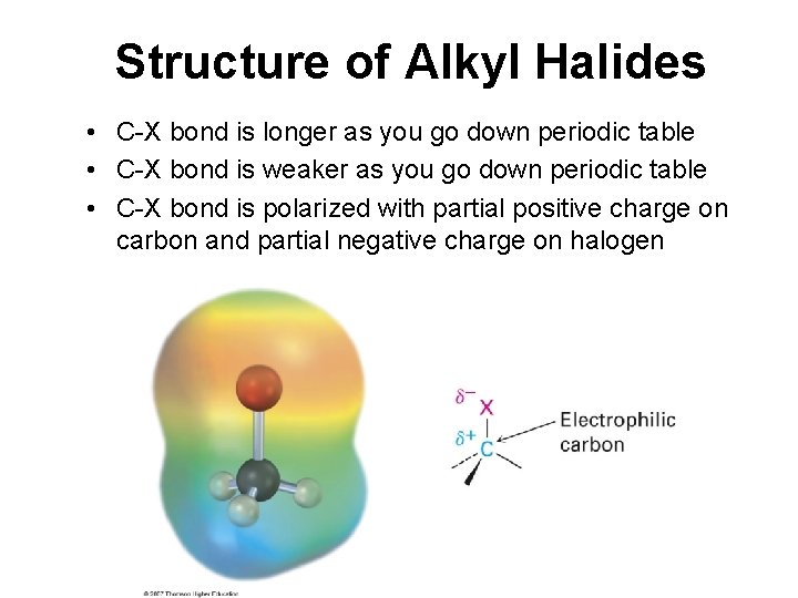 Structure of Alkyl Halides • C-X bond is longer as you go down periodic