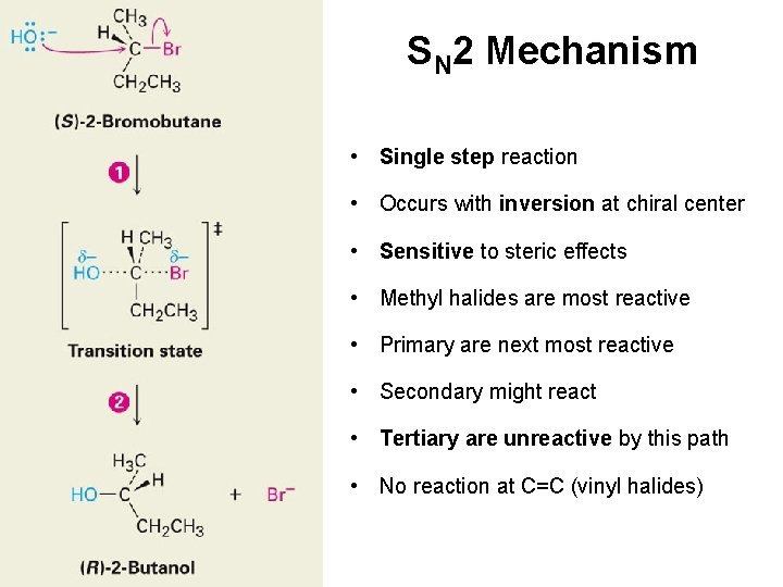 SN 2 Mechanism • Single step reaction • Occurs with inversion at chiral center