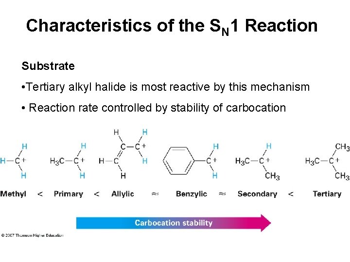 Characteristics of the SN 1 Reaction Substrate • Tertiary alkyl halide is most reactive
