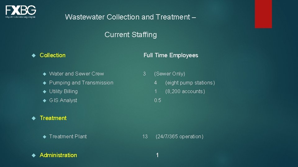 Wastewater Collection and Treatment – Current Staffing Collection Water and Sewer Crew Pumping and