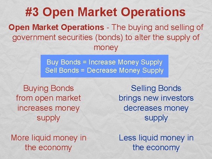#3 Open Market Operations - The buying and selling of government securities (bonds) to