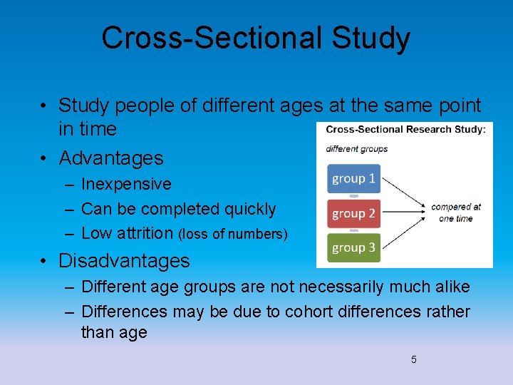 Cross-Sectional Study • Study people of different ages at the same point in time