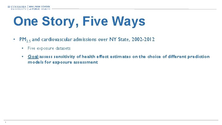 One Story, Five Ways • PM 2. 5 and cardiovascular admissions over NY State,