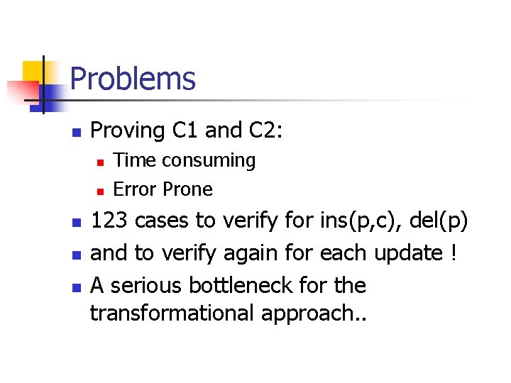 Problems n Proving C 1 and C 2: n n n Time consuming Error