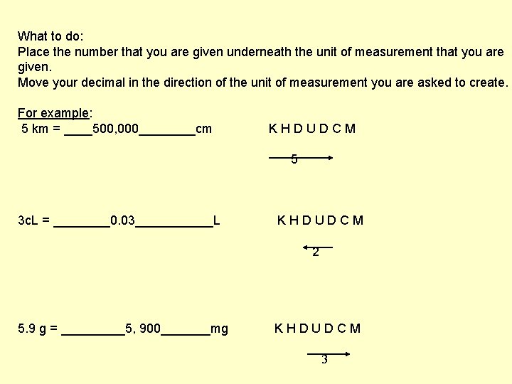 What to do: Place the number that you are given underneath the unit of