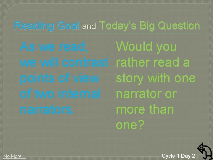 Reading Goal and Today’s Big Question As we read, we will contrast points of