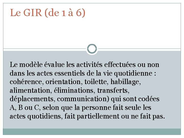 Le GIR (de 1 à 6) Le modèle évalue les activités effectuées ou non
