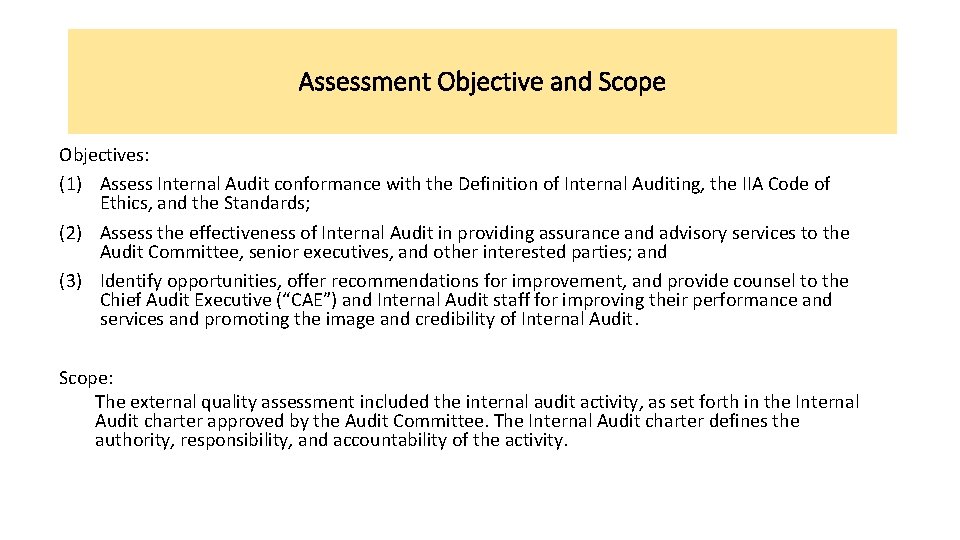 Assessment Objective and Scope Objectives: (1) Assess Internal Audit conformance with the Definition of