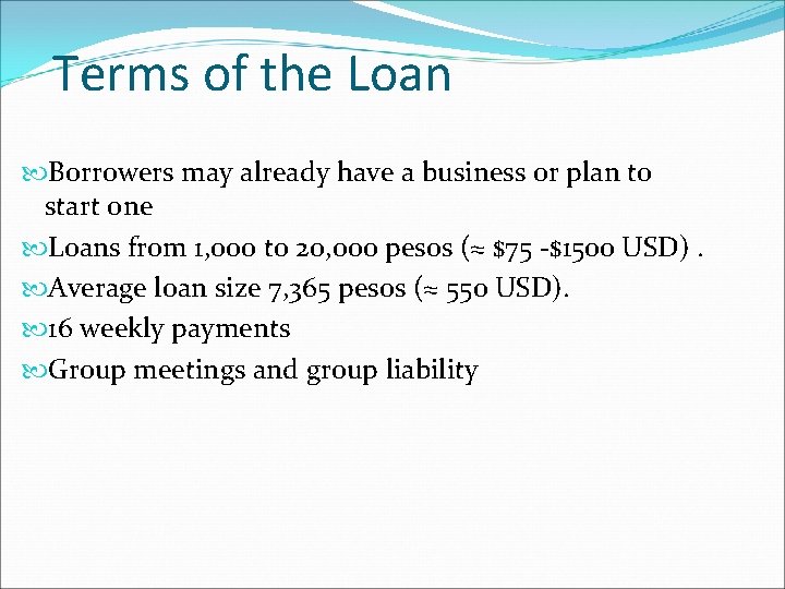 Terms of the Loan Borrowers may already have a business or plan to start