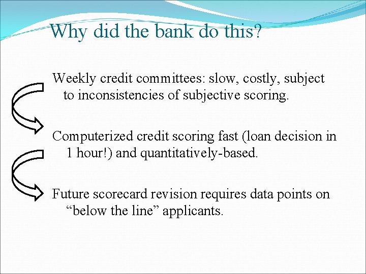Why did the bank do this? Weekly credit committees: slow, costly, subject to inconsistencies