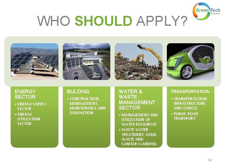 WHO SHOULD APPLY? ENERGY SECTOR • ENERGY SUPPLY SECTOR • ENERGY UTILIZATION SECTOR BULDING