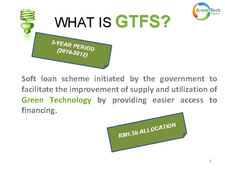 WHAT IS GTFS? 3 -YEAR PER (2010 -2 IOD 012) Soft loan scheme initiated