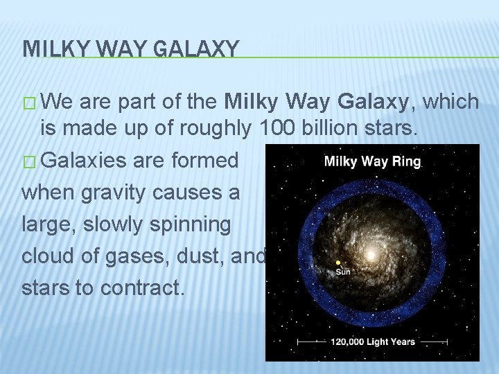 MILKY WAY GALAXY � We are part of the Milky Way Galaxy, which is