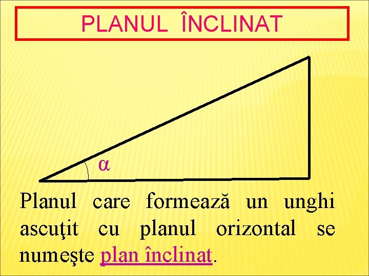 PLANUL ÎNCLINAT α Planul care formează un unghi ascuţit cu planul orizontal se numeşte