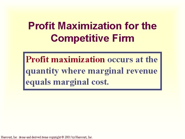 Profit Maximization for the Competitive Firm Profit maximization occurs at the quantity where marginal