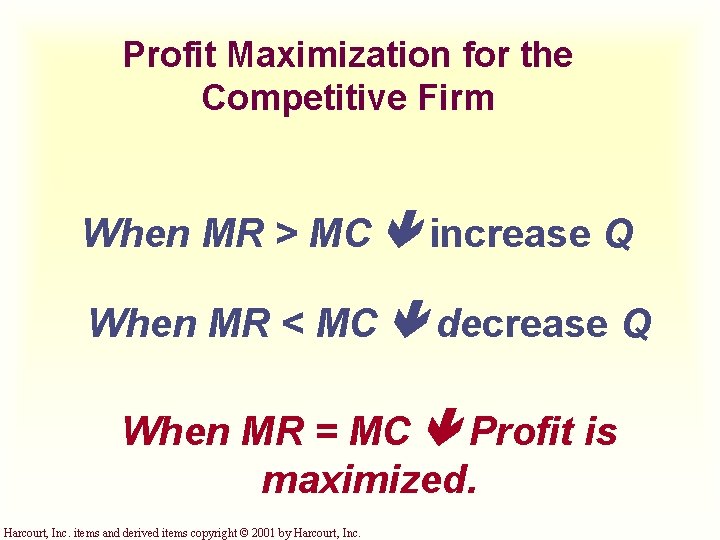 Profit Maximization for the Competitive Firm When MR > MC increase Q When MR