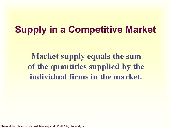 Supply in a Competitive Market supply equals the sum of the quantities supplied by