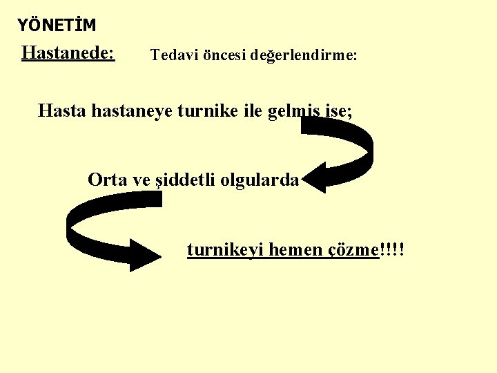 YÖNETİM Hastanede: Tedavi öncesi değerlendirme: Hasta hastaneye turnike ile gelmiş ise; Orta ve şiddetli