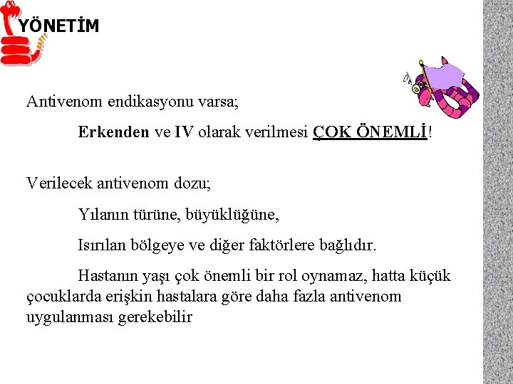 YÖNETİM Antivenom endikasyonu varsa; Erkenden ve IV olarak verilmesi ÇOK ÖNEMLİ! Verilecek antivenom dozu;