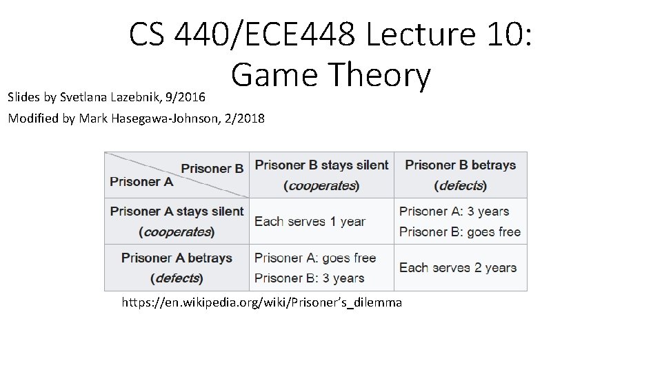 CS 440/ECE 448 Lecture 10: Game Theory Slides by Svetlana Lazebnik, 9/2016 Modified by