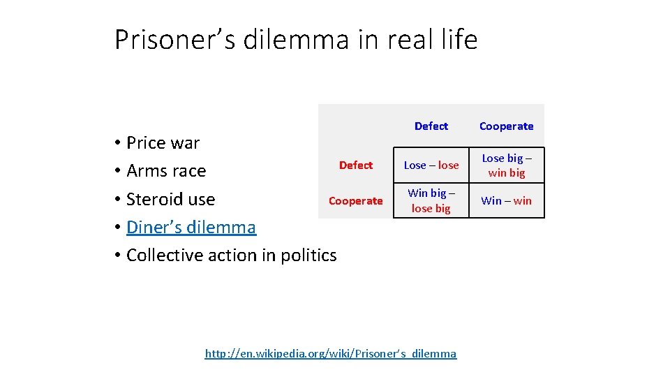 Prisoner’s dilemma in real life • Price war Defect • Arms race Cooperate •
