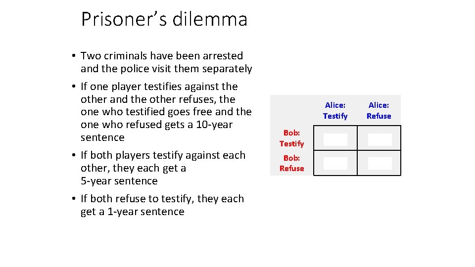 Prisoner’s dilemma • Two criminals have been arrested and the police visit them separately
