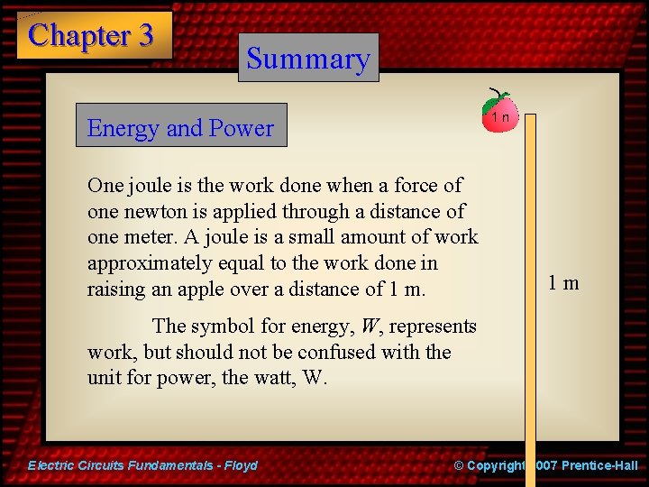 Chapter 3 Summary Energy and Power One joule is the work done when a