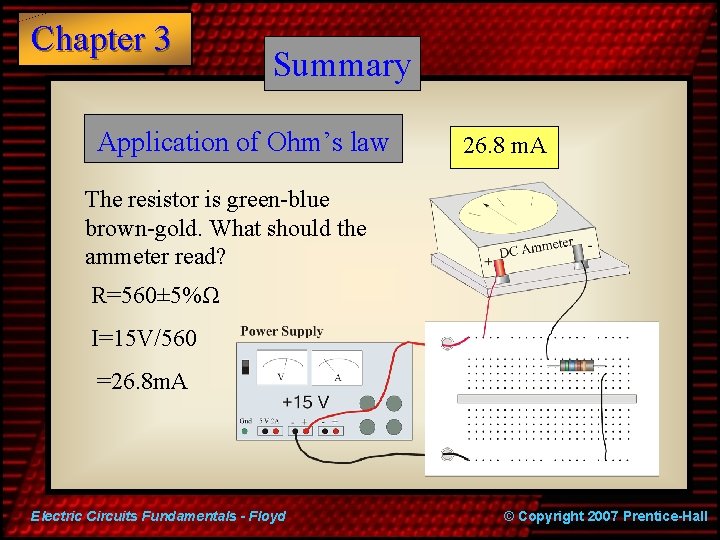 Chapter 3 Summary Application of Ohm’s law 26. 8 m. A The resistor is