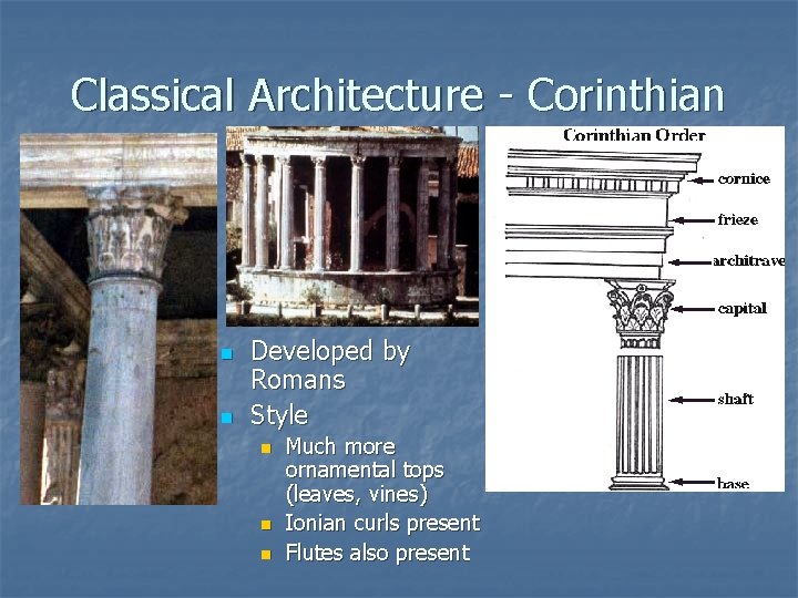 Classical Architecture - Corinthian n n Developed by Romans Style n n n Much