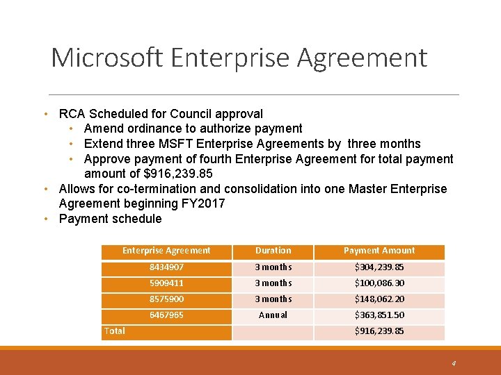 Microsoft Enterprise Agreement • RCA Scheduled for Council approval • Amend ordinance to authorize