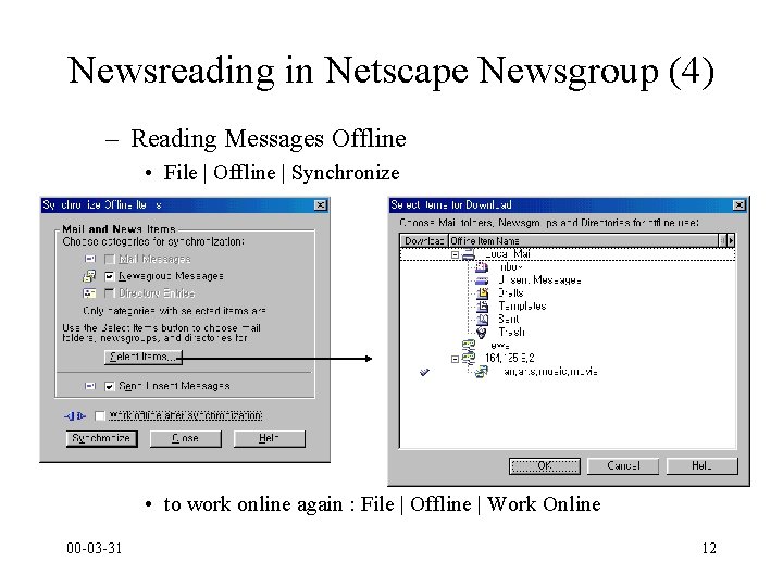 Newsreading in Netscape Newsgroup (4) – Reading Messages Offline • File | Offline |