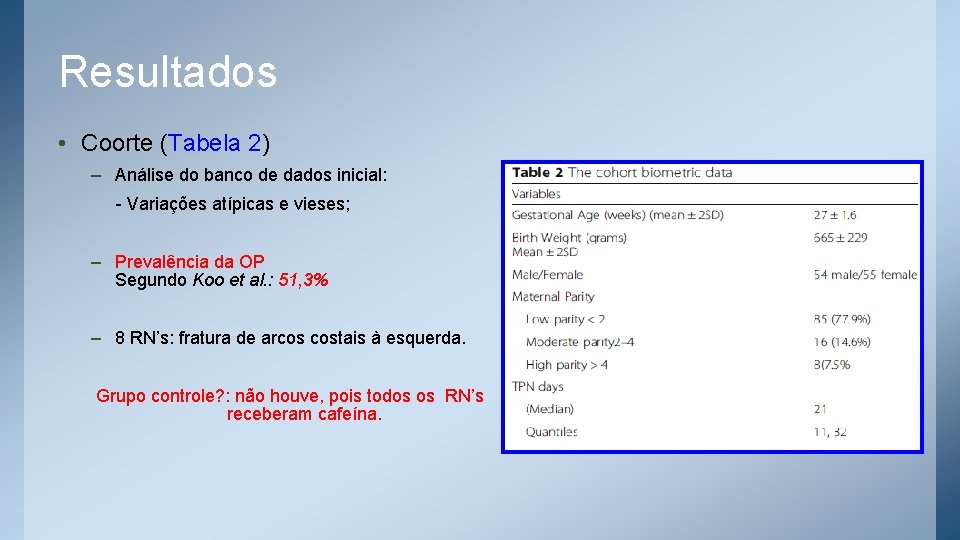 Resultados • Coorte (Tabela 2) – Análise do banco de dados inicial: - Variações