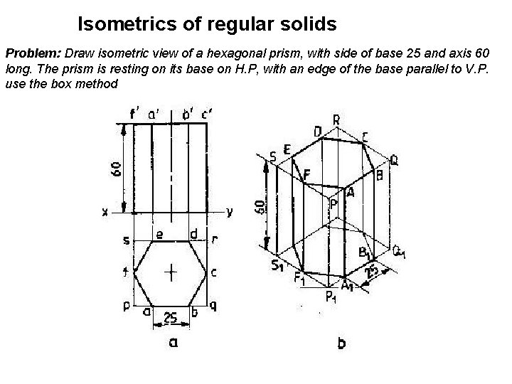 Isometrics of regular solids Problem: Draw isometric view of a hexagonal prism, with side