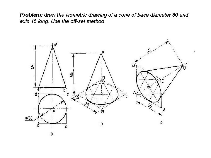 Problem: draw the isometric drawing of a cone of base diameter 30 and axis